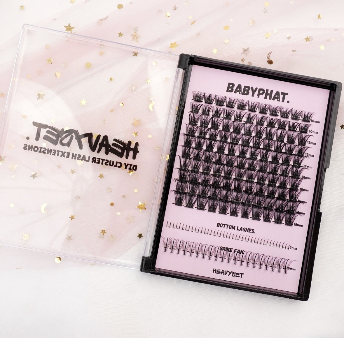 BABYPHAT: XL CLUSTER LASH TRAY WITH BOTTOM LASHES & SPIKE FANS by HEAVYSET.